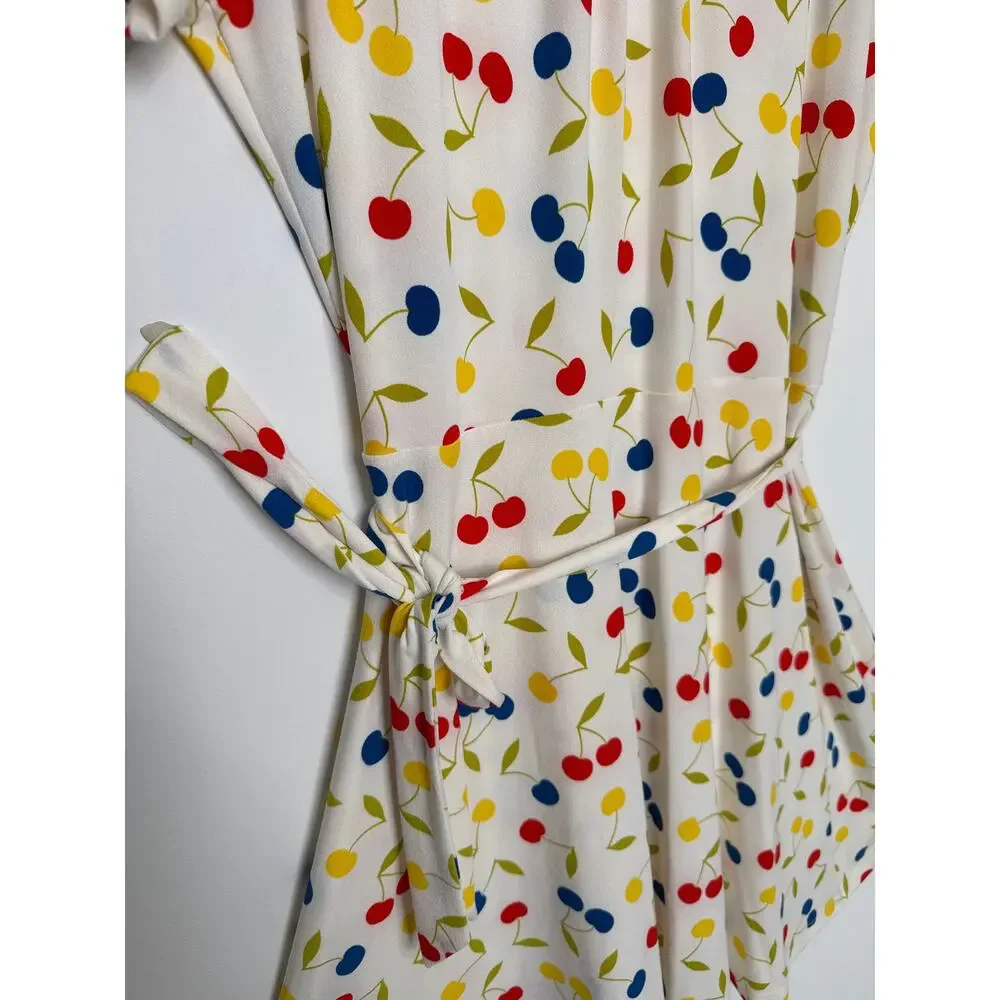 ModCloth Cherry Print retro swing Fit & Flare Dress mock neck & belt XL